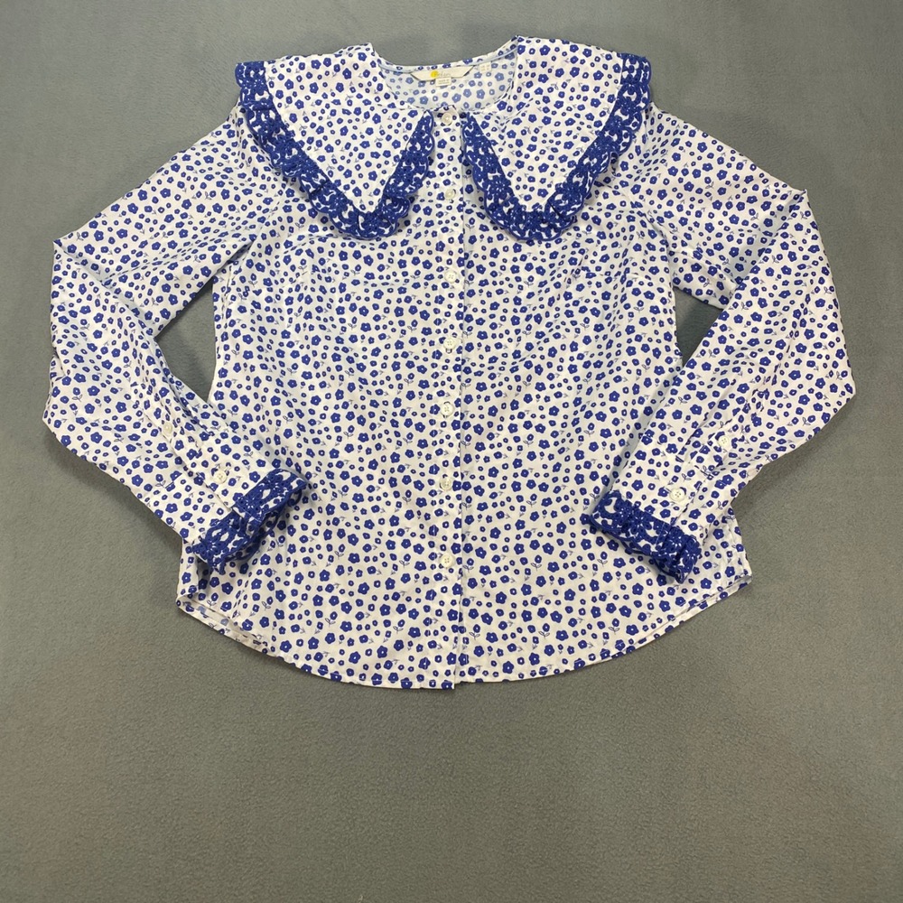 Boden Floral Blouse Womens 6 Blue White Peter Pan Collar Lace Trim Coquette